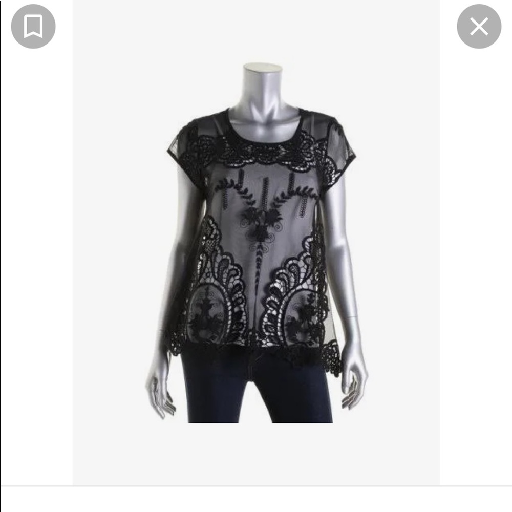 New Karen Kane sheer black mixed greens lace top M
